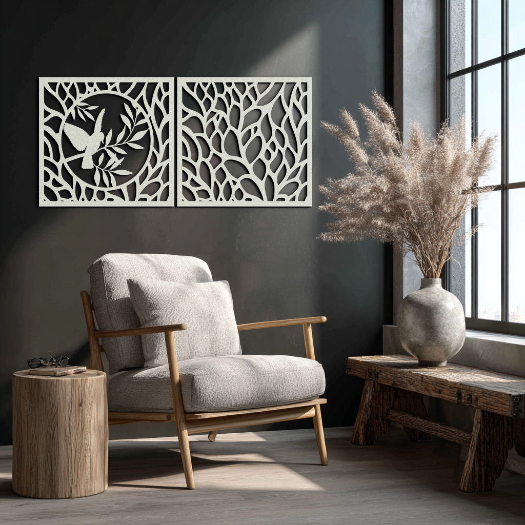 Hummingbird & Leaves Metal Wall Art - Elegant Dual Panel Steel Decor - KAF054