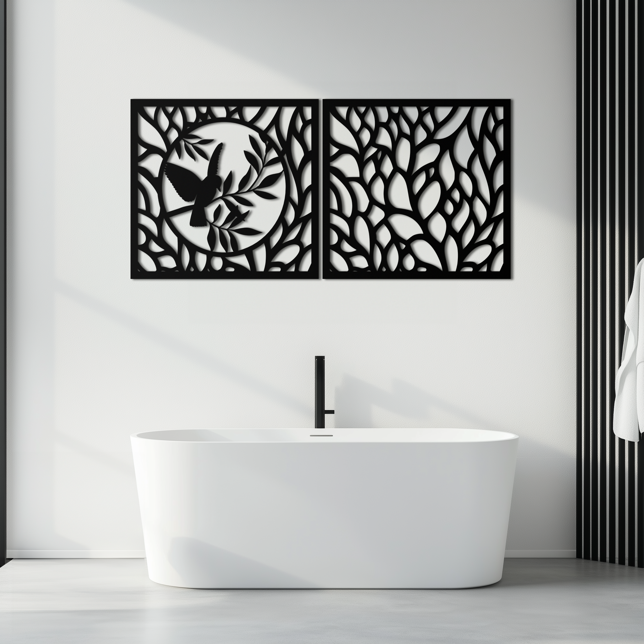 Hummingbird & Leaves Metal Wall Art - Elegant Dual Panel Steel Decor - KAF054