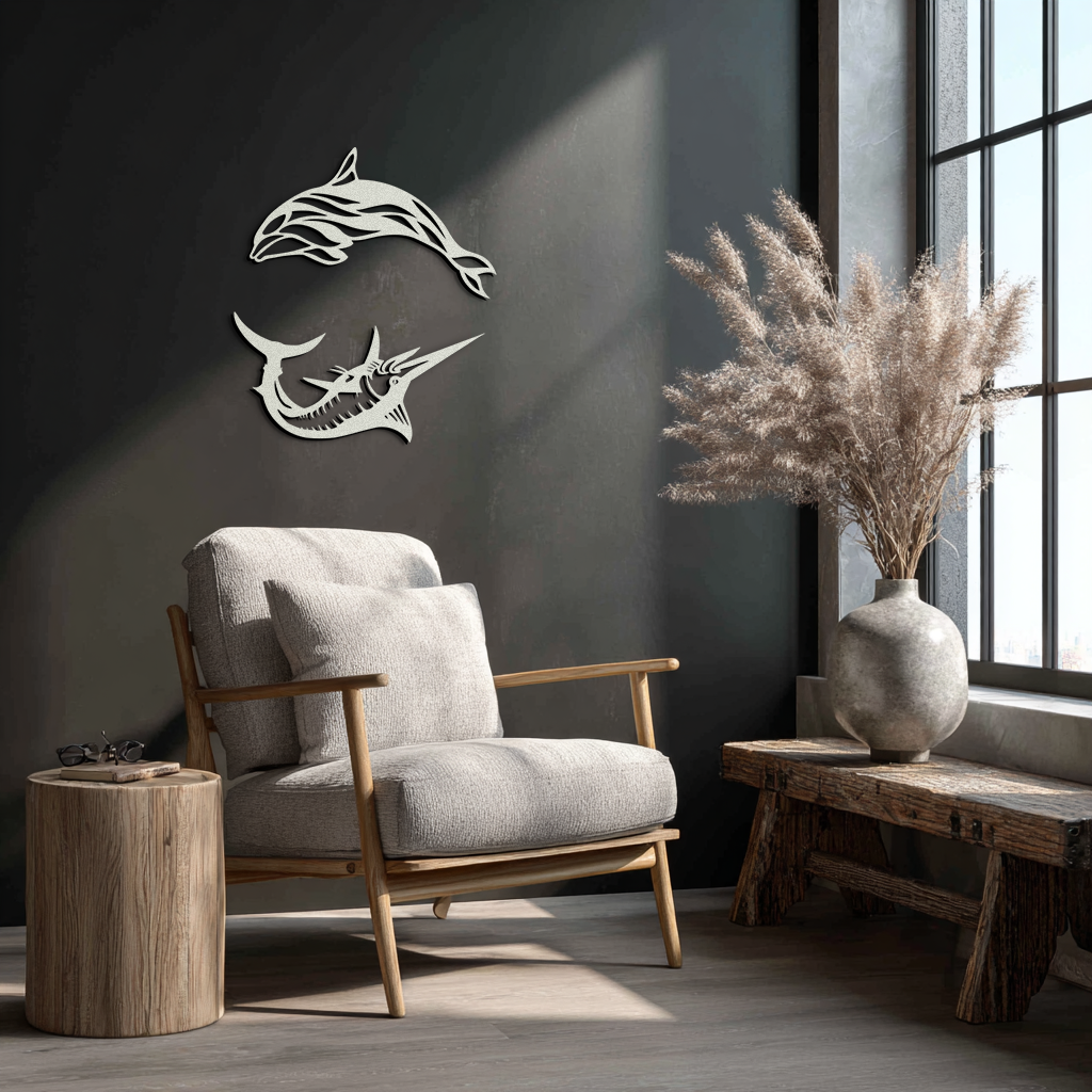 Dolphin & Marlin Metal Wall Art - Ocean-Inspired Modern Steel Decor - KAF084