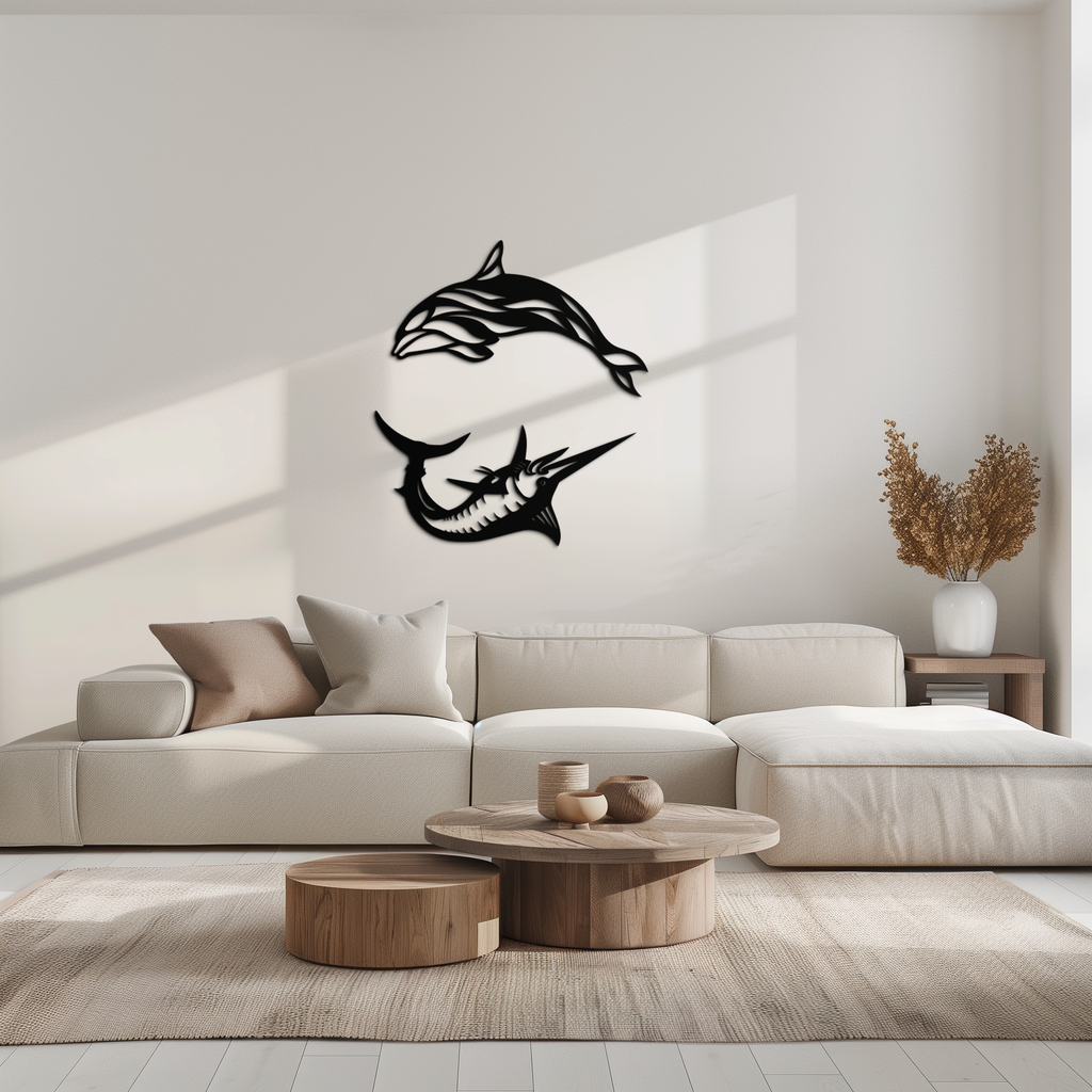 Dolphin & Marlin Metal Wall Art - Ocean-Inspired Modern Steel Decor - KAF084