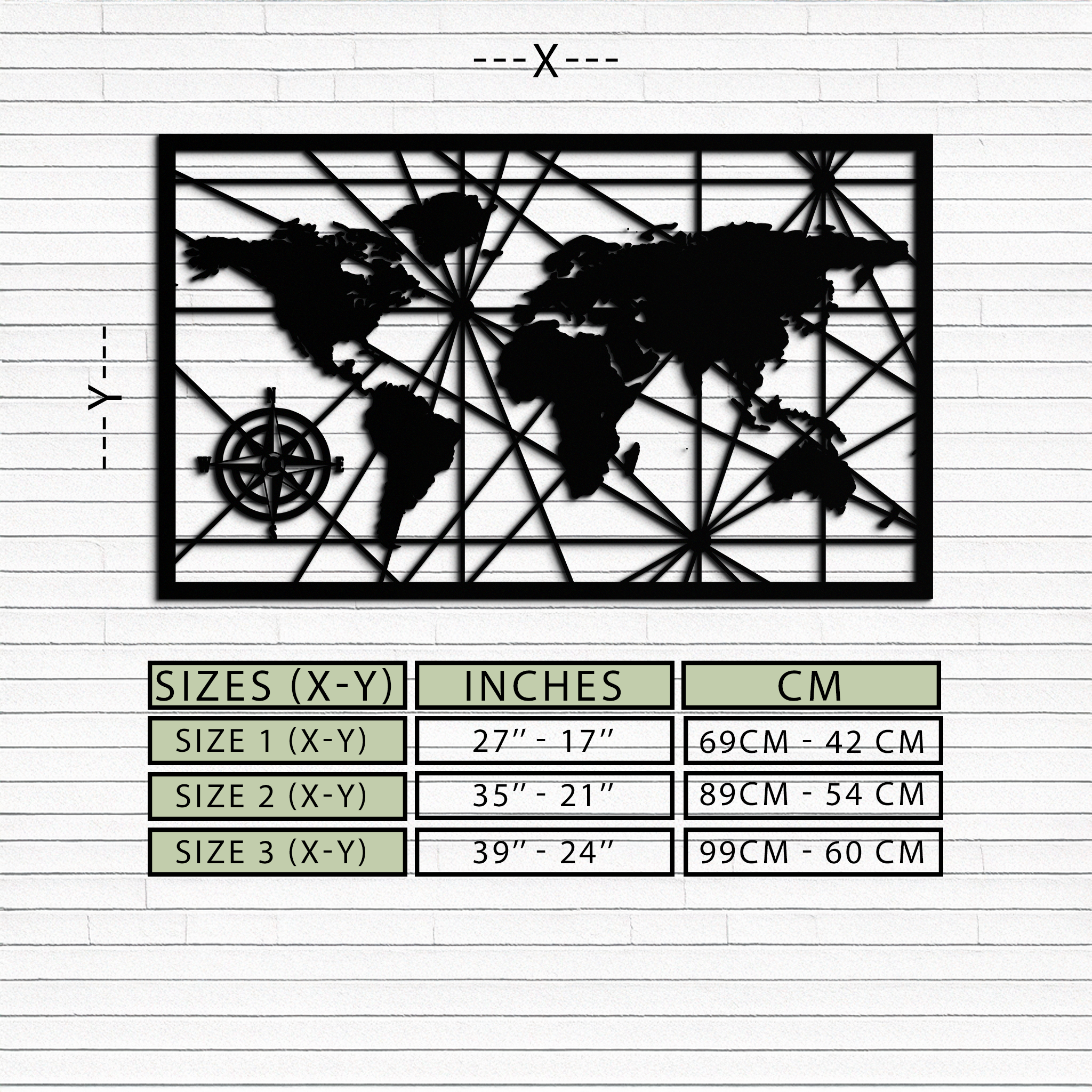 Geometric World Map Metal Wall Art - Modern Minimalist Steel Wall Decor - KAF098