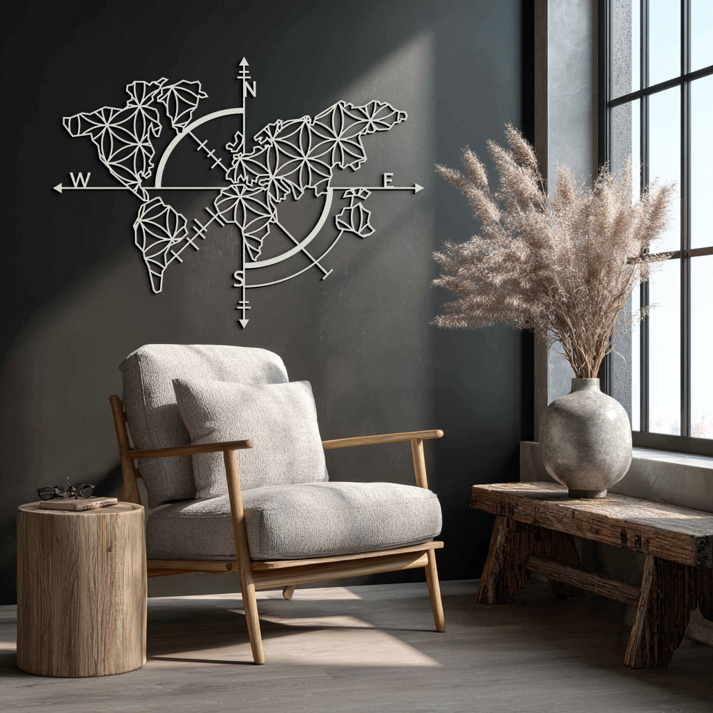 Geometric World Map Metal Wall Art - Modern Compass Wall Decor - KAF099