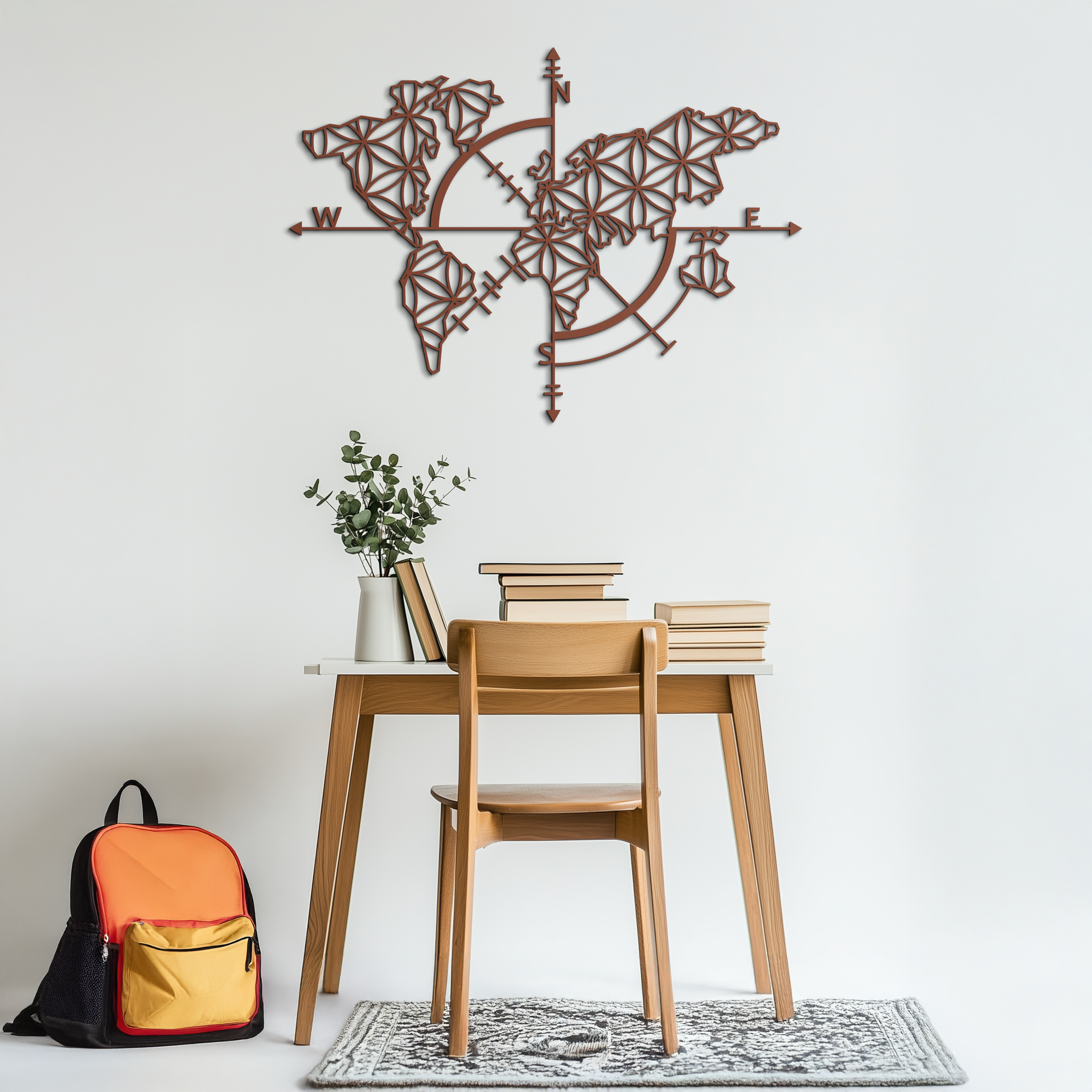 Geometric World Map Metal Wall Art - Modern Compass Wall Decor - KAF099