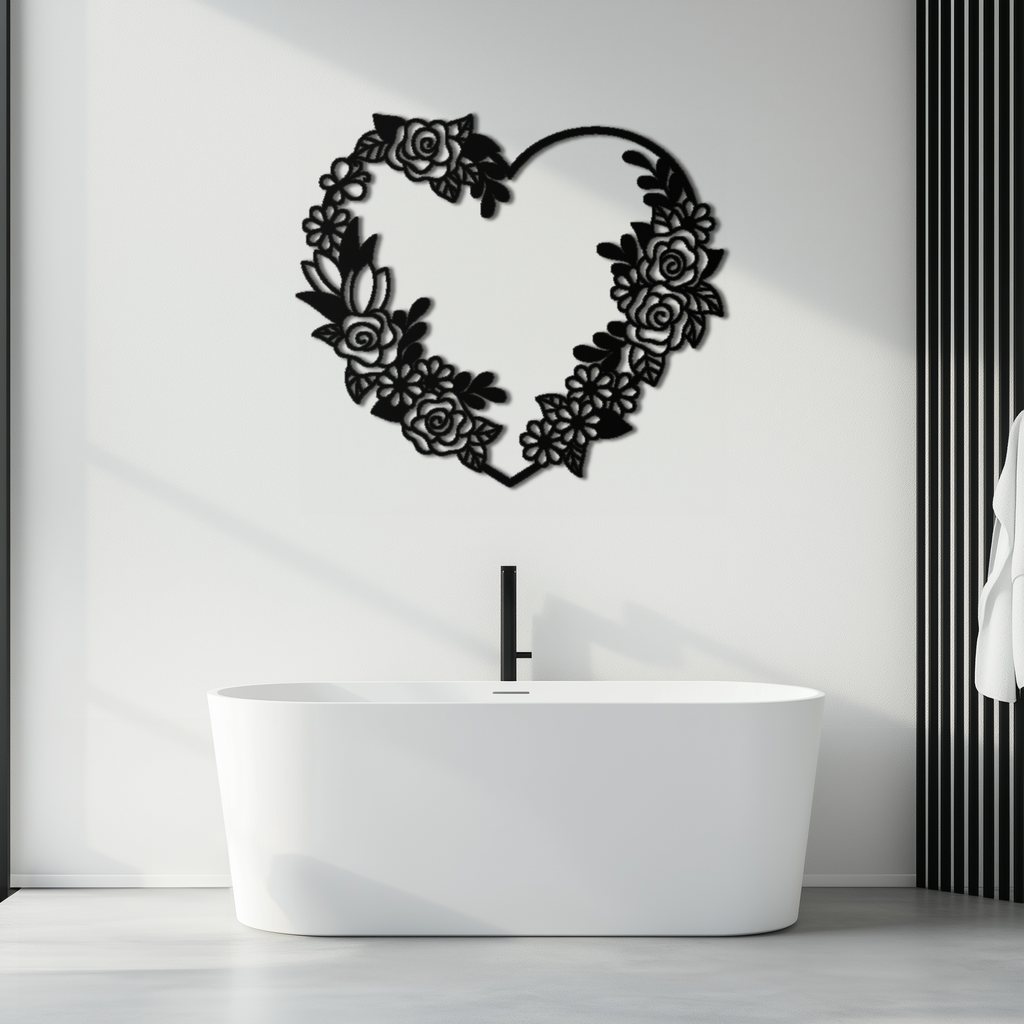 Floral Heart Metal Wall Art - Elegant Steel Rose Wreath - KAF107