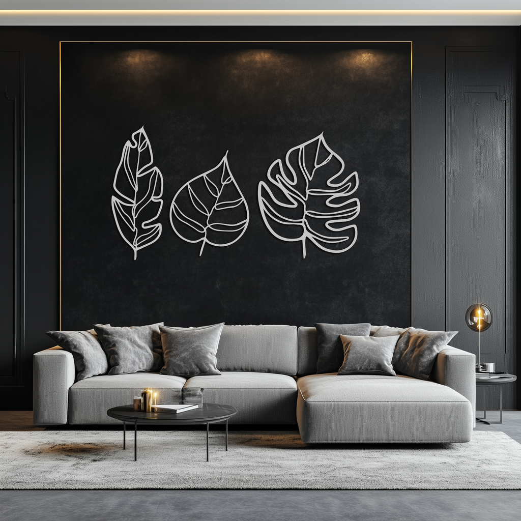 Geometric Leaf Trio Metal Wall Art - Modern Botanical Steel Decor - KAF114