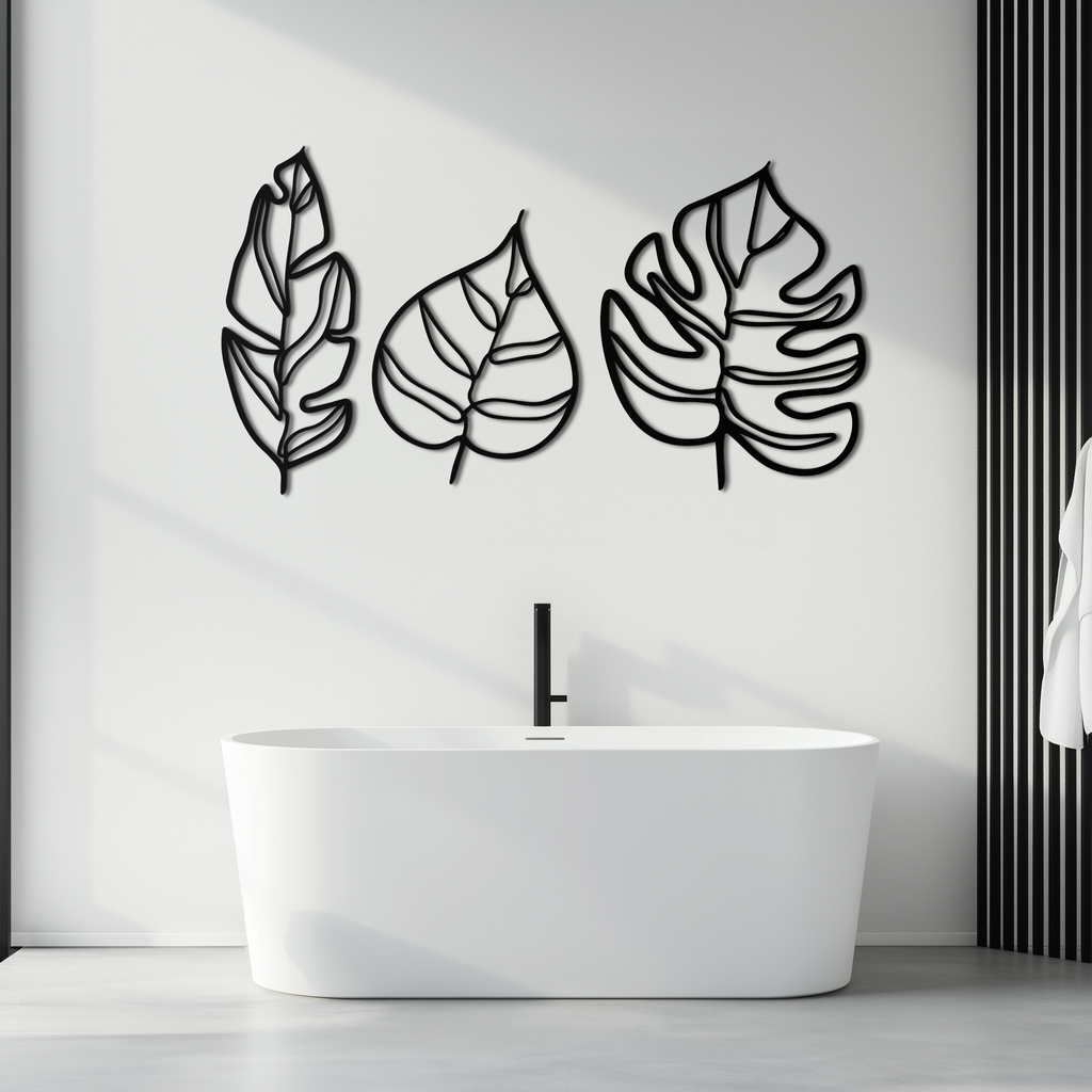 Geometric Leaf Trio Metal Wall Art - Modern Botanical Steel Decor - KAF114