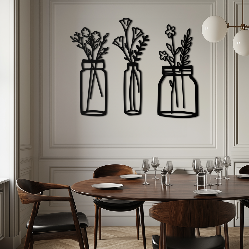 Floral Vase Metal Wall Art - 3-Piece Modern Steel Wall Decor - KAF118