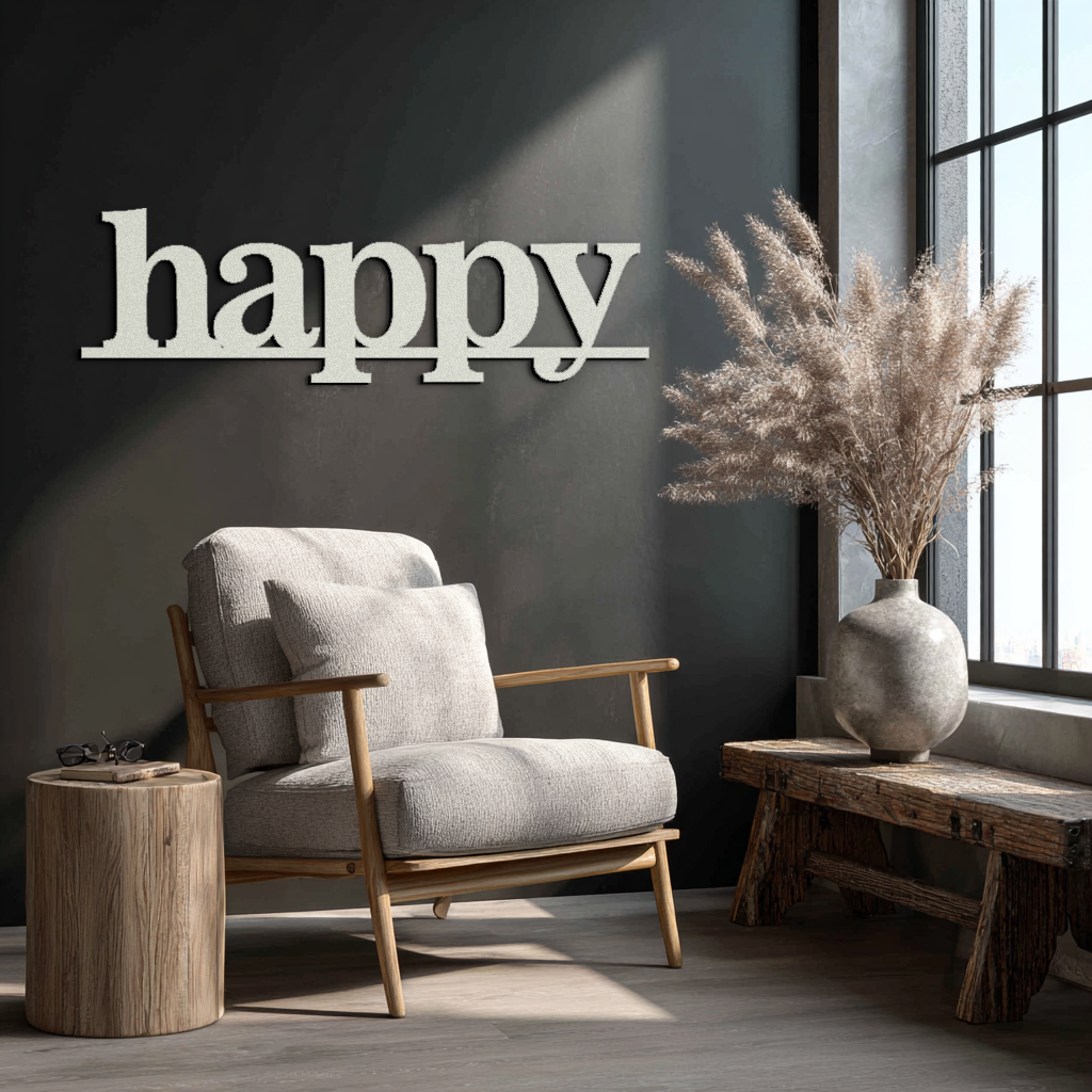 Happy Metal Wall Art - Modern Minimalist Word Sign Decor - KAF127