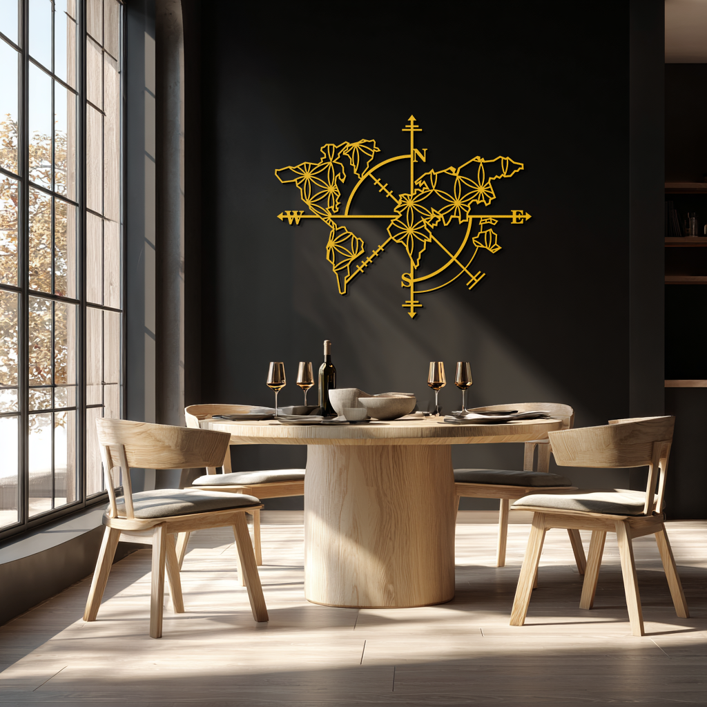 Geometric World Map Metal Wall Art - Modern Compass-Inspired Steel Decor - KAF131