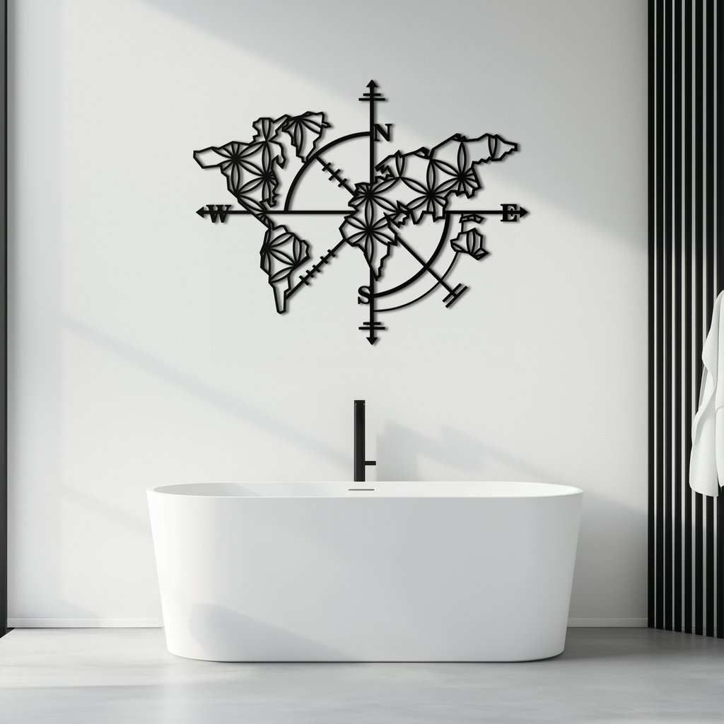 Geometric World Map Metal Wall Art - Modern Compass-Inspired Steel Decor - KAF131