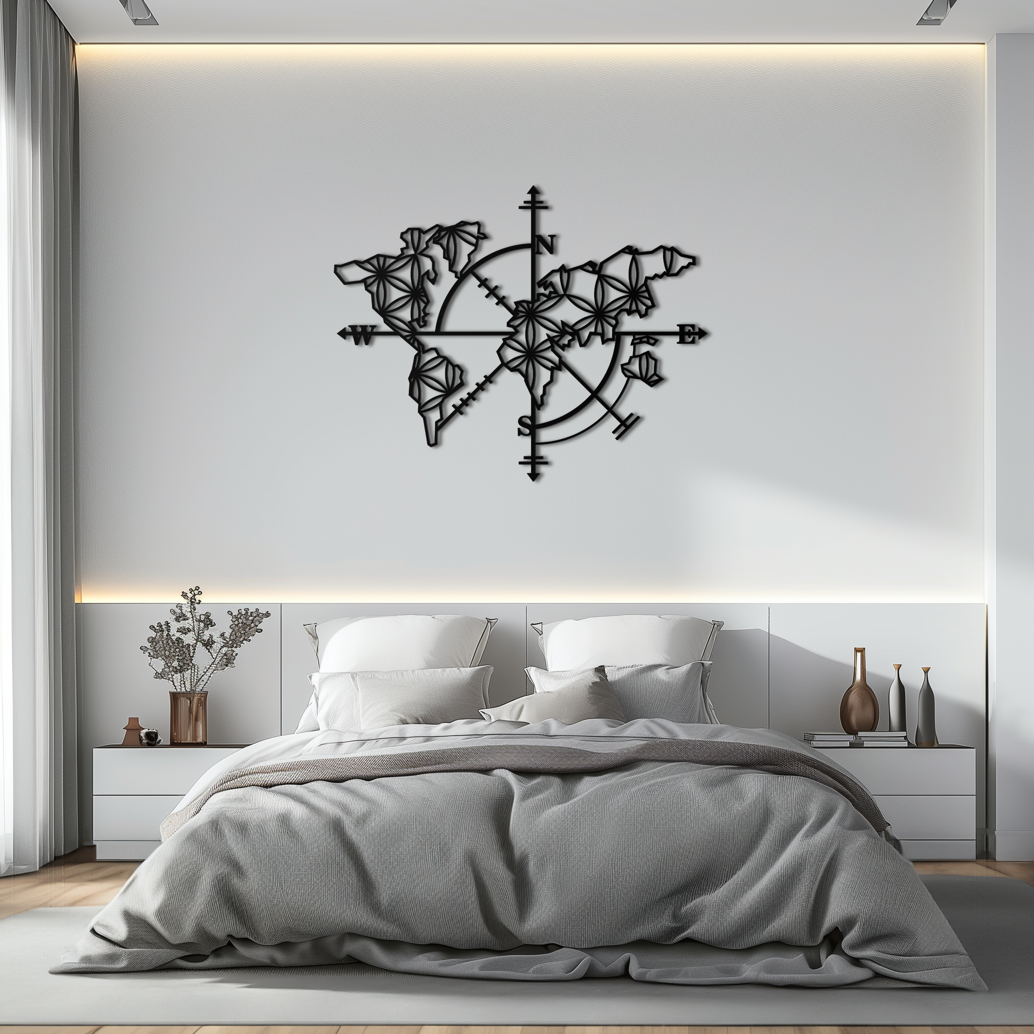 Geometric World Map Metal Wall Art - Modern Compass-Inspired Steel Decor - KAF131