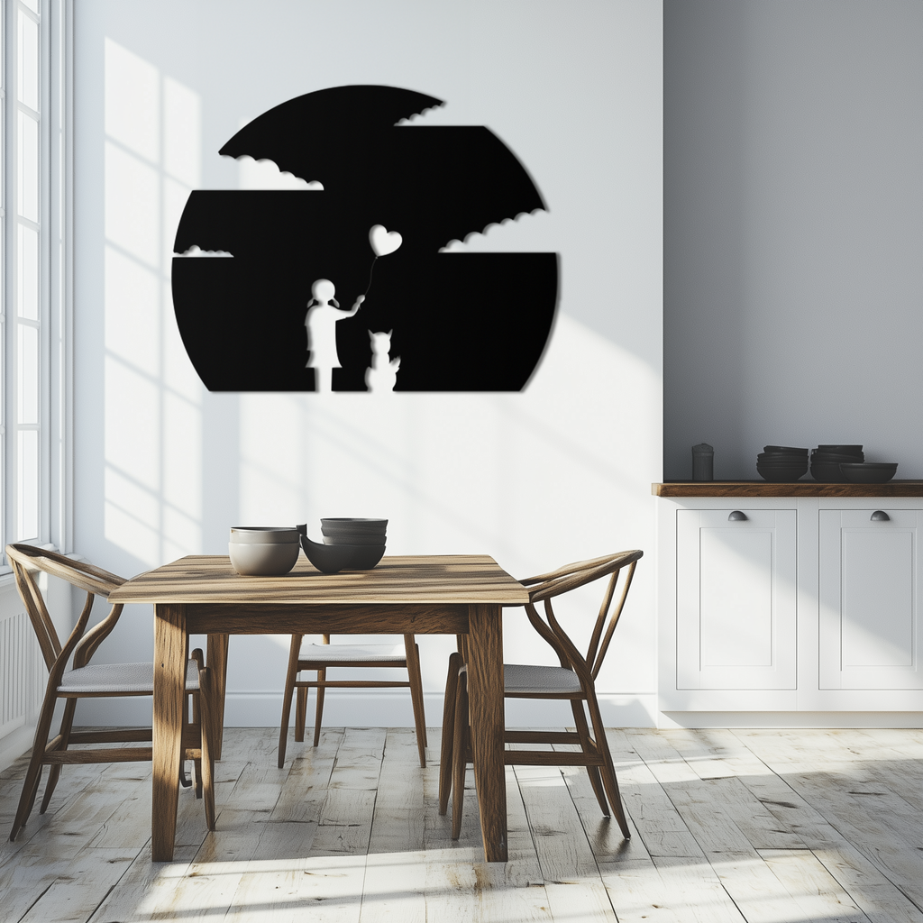 Heart Balloon Girl & Cat Metal Wall Art - Whimsical Steel Decor - KAF140