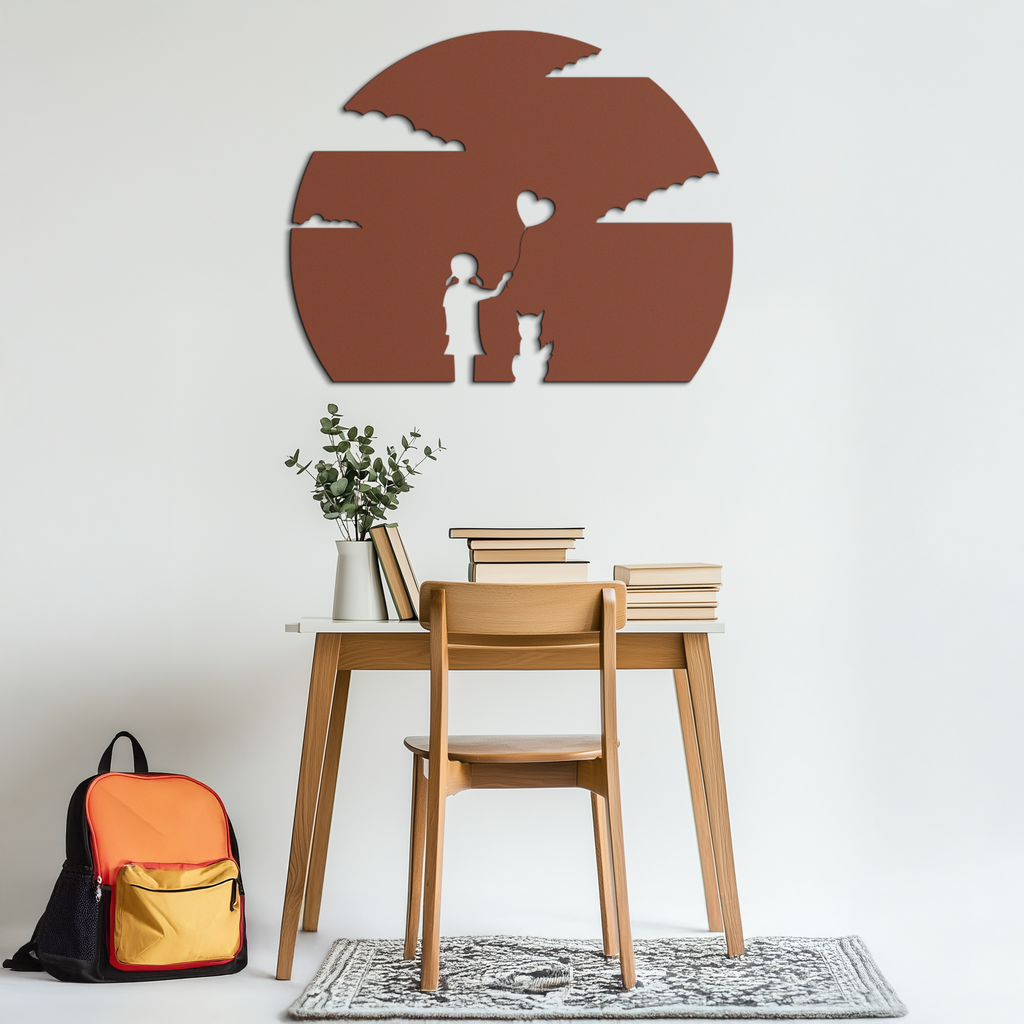 Heart Balloon Girl & Cat Metal Wall Art - Whimsical Steel Decor - KAF140