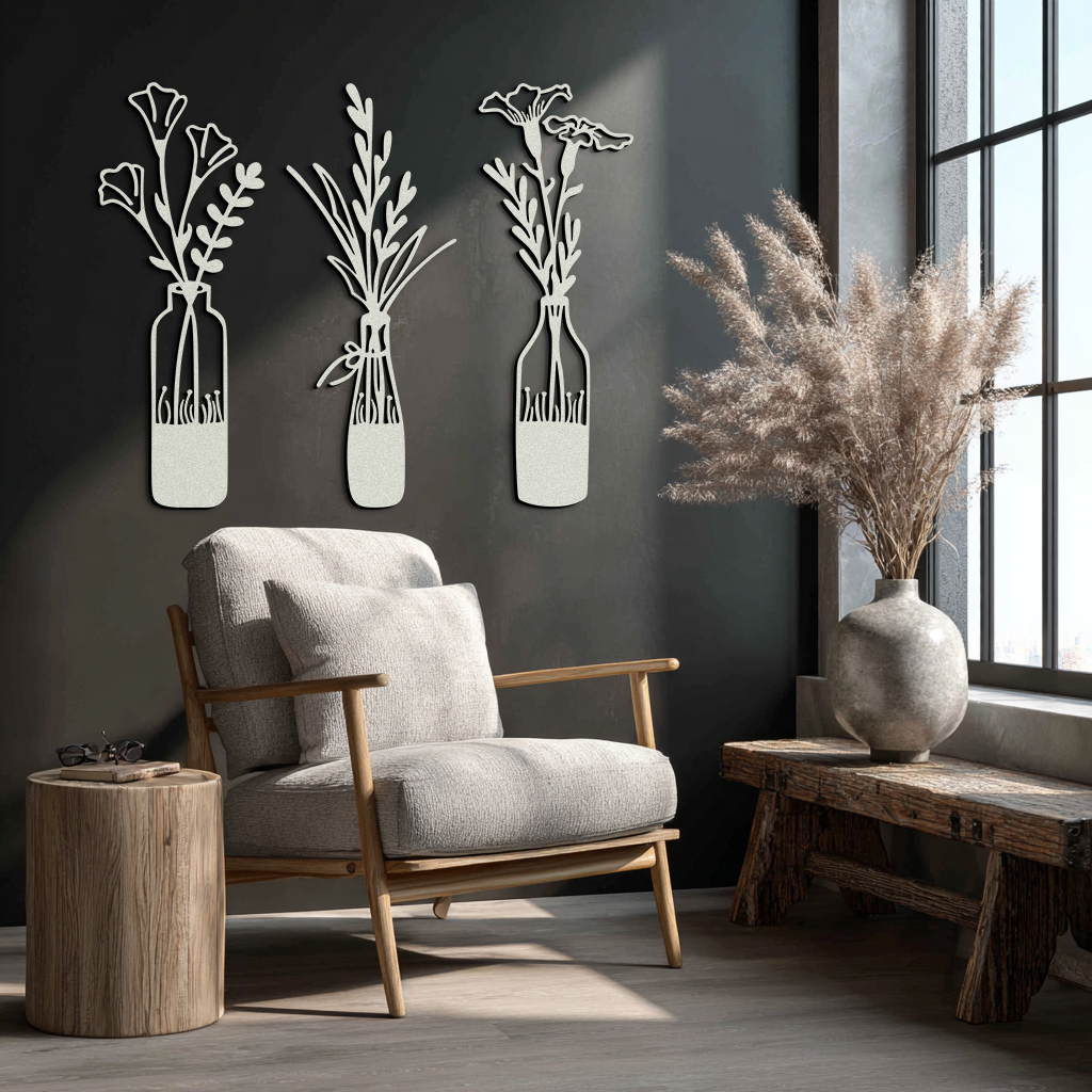 Rustic Floral Bottle Metal Wall Art - Elegant Vase & Flower Steel Decor - KAF142