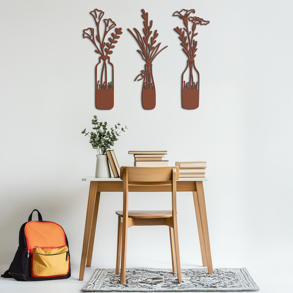 Rustic Floral Bottle Metal Wall Art - Elegant Vase & Flower Steel Decor - KAF142
