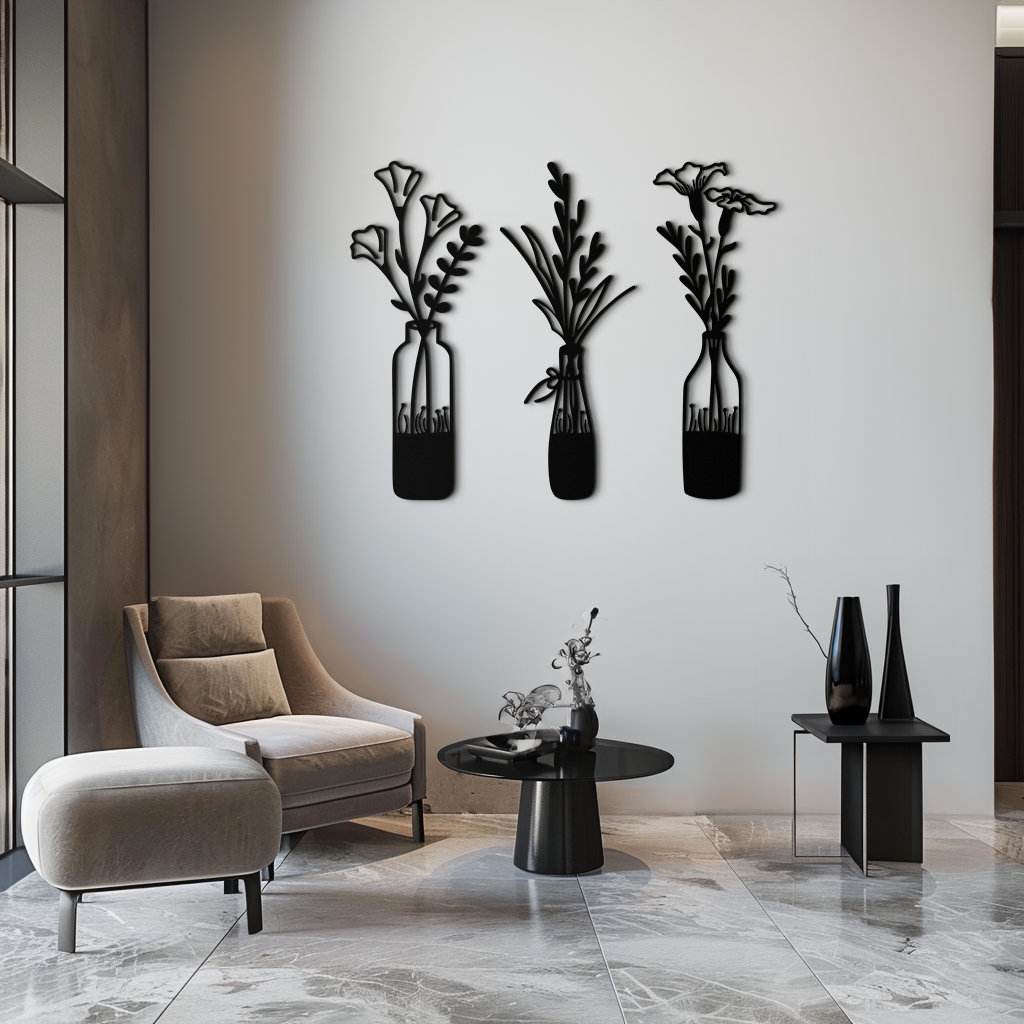 Rustic Floral Bottle Metal Wall Art - Elegant Vase & Flower Steel Decor - KAF142