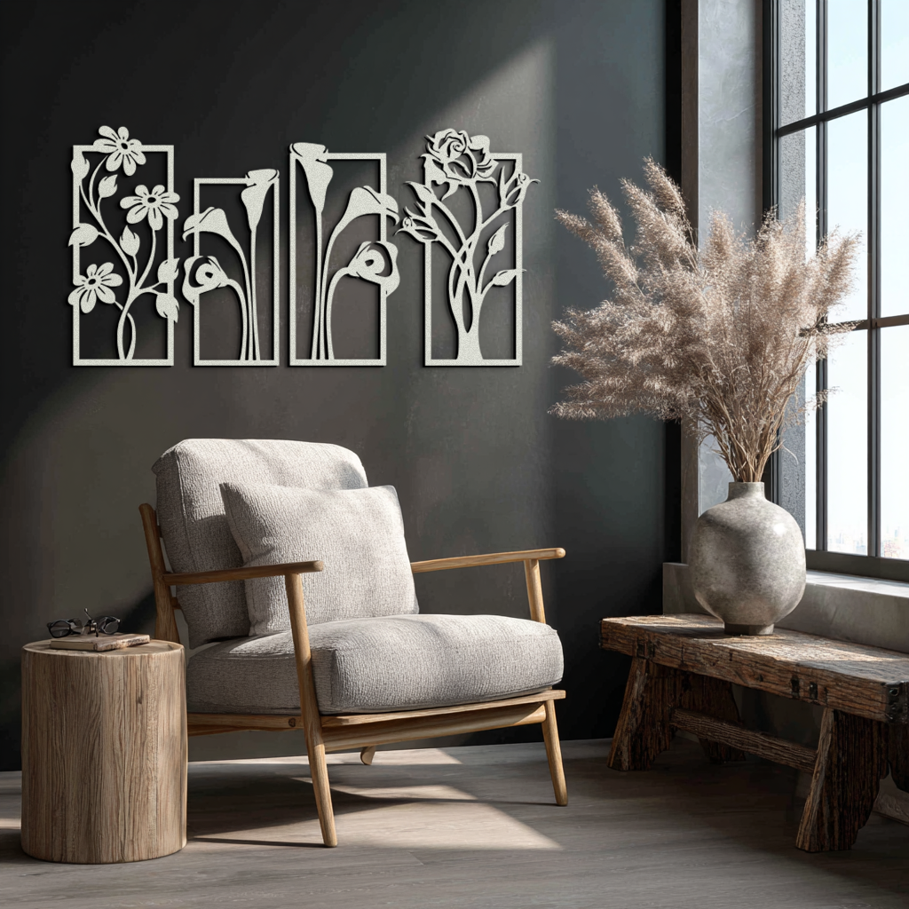 Floral Metal Wall Art - Elegant Botanical Panel Set- KAF167