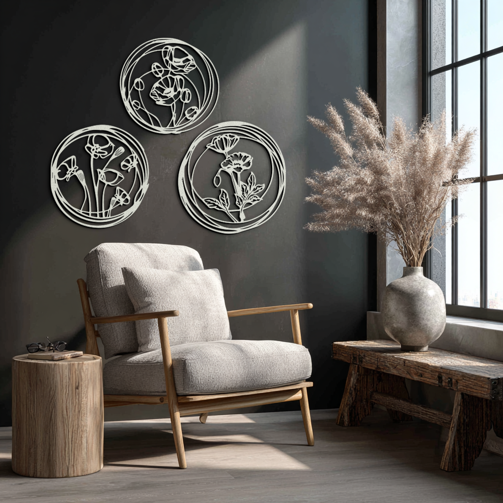 Floral Trio Metal Wall Art - Modern Botanical Circle Wall Decor- KAF168