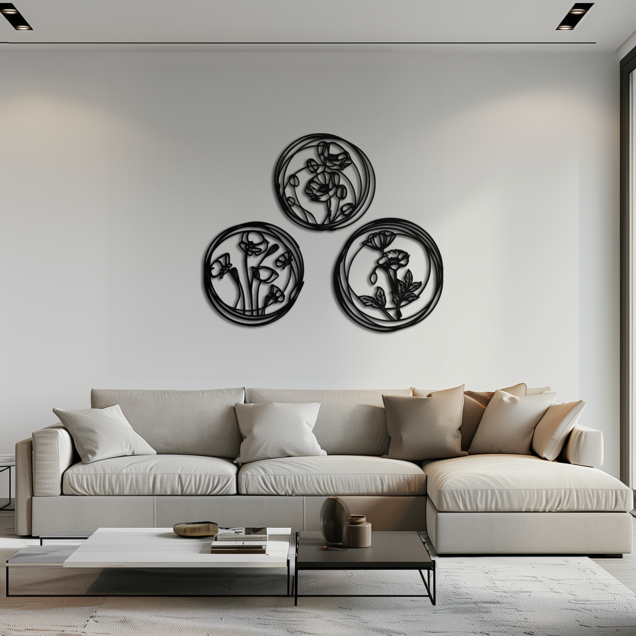 Floral Trio Metal Wall Art - Modern Botanical Circle Wall Decor- KAF168