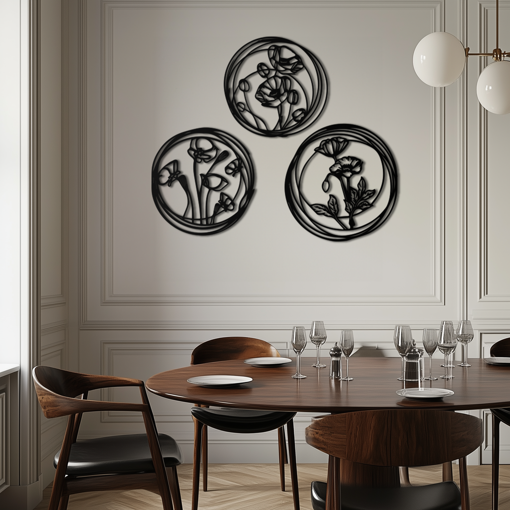 Floral Trio Metal Wall Art - Modern Botanical Circle Wall Decor- KAF168