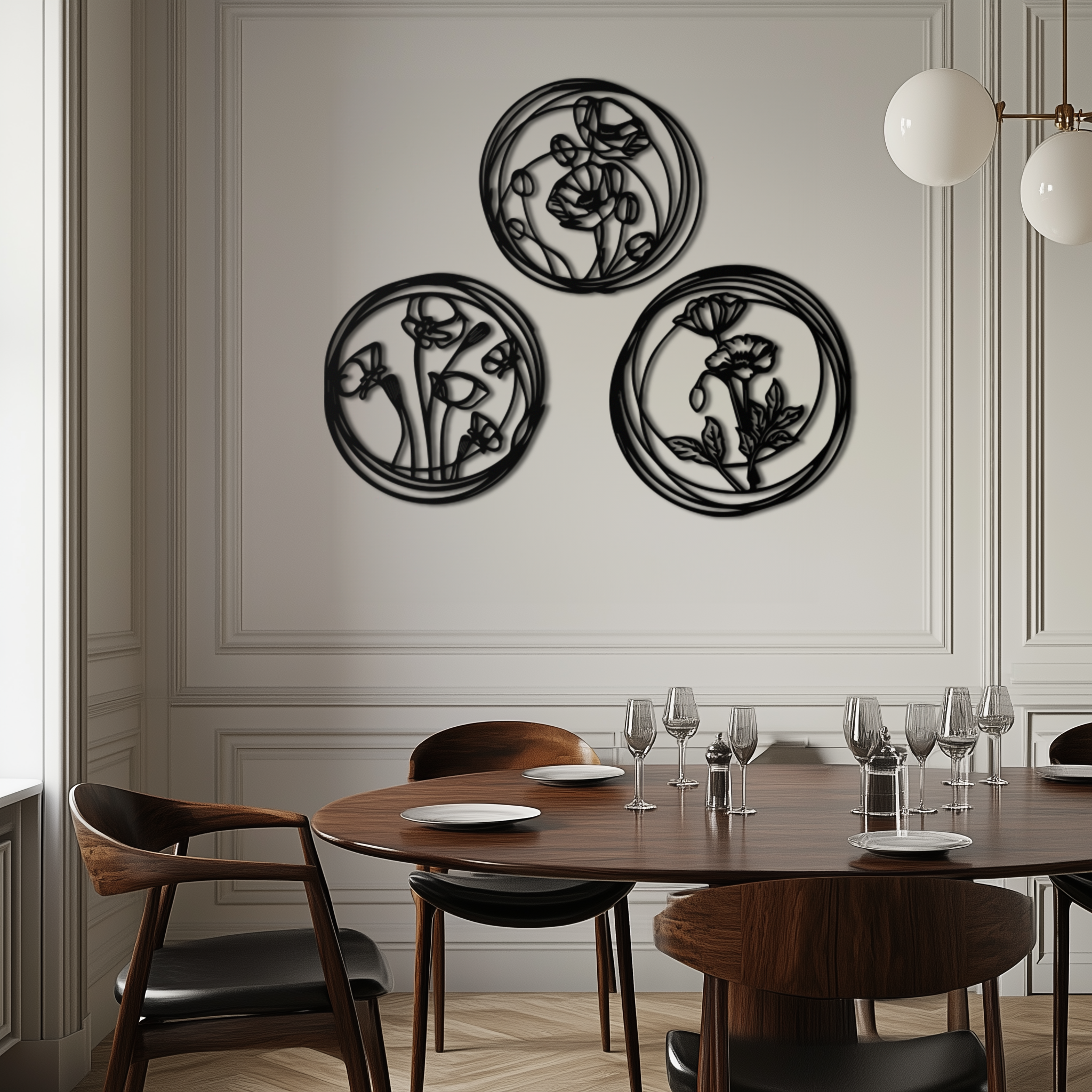 Floral Trio Metal Wall Art - Modern Botanical Circle Wall Decor- KAF168