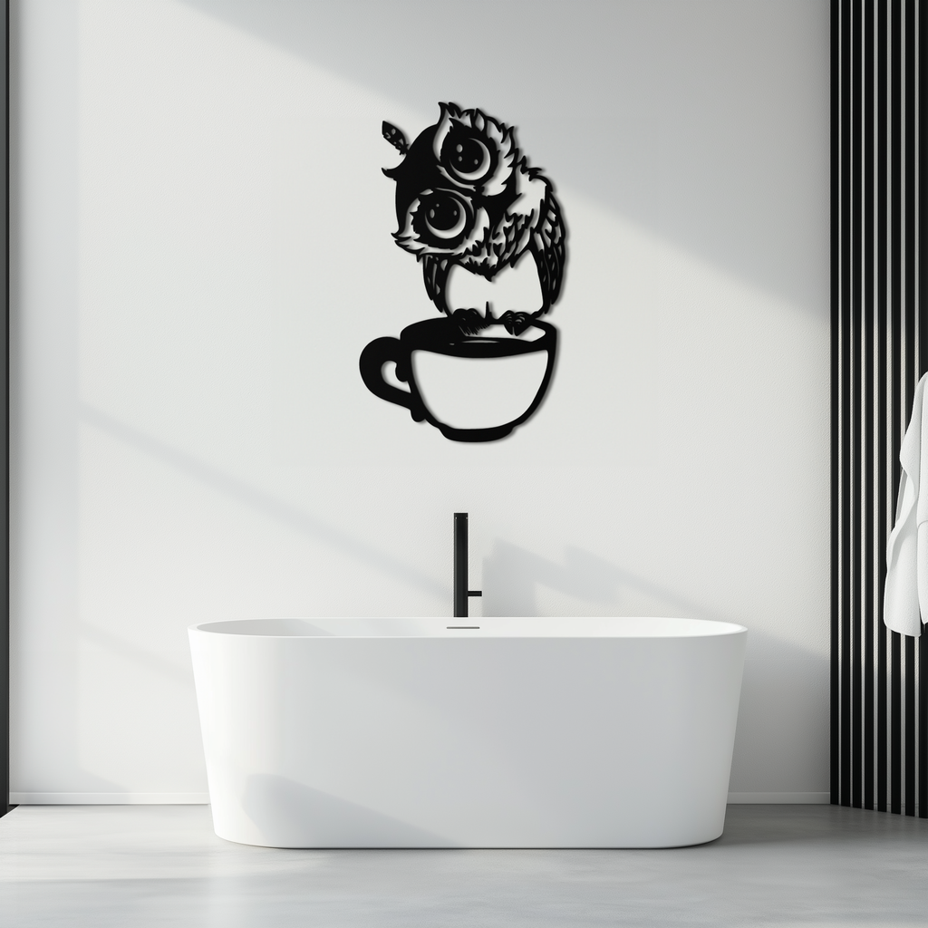 Sleepy Owl in Coffee Cup - Quirky Metal Wall Art for Coffee Lovers & Night Owls - KAF208