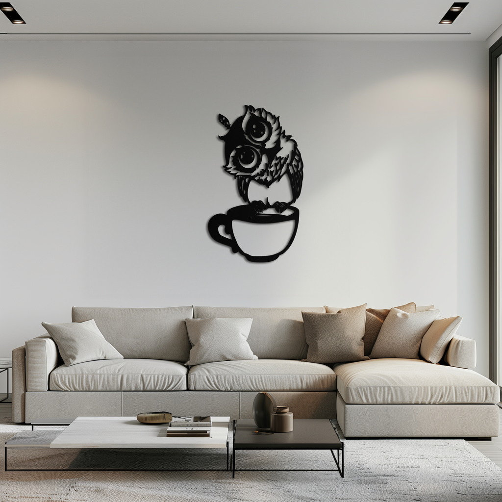 Sleepy Owl in Coffee Cup - Quirky Metal Wall Art for Coffee Lovers & Night Owls - KAF208