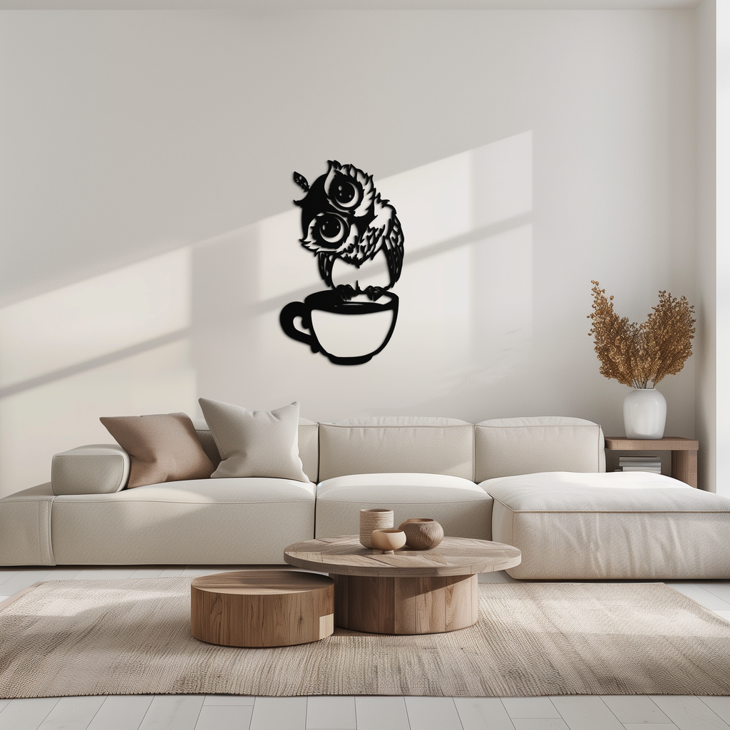 Sleepy Owl in Coffee Cup - Quirky Metal Wall Art for Coffee Lovers & Night Owls - KAF208