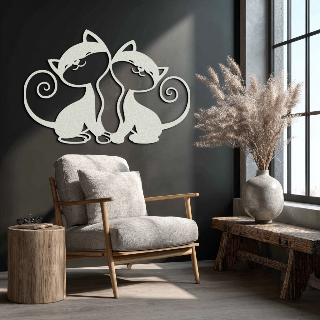Romantic Cat Couple Metal Wall Art - Elegant Feline Silhouette Decor - KAF209