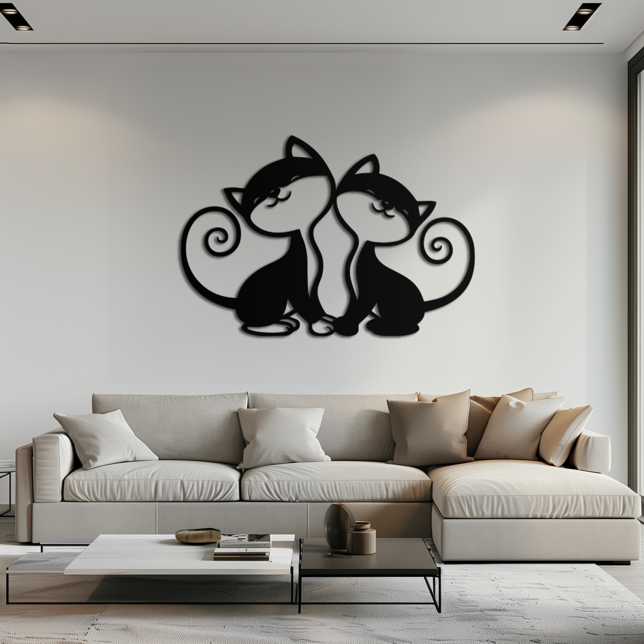 Romantic Cat Couple Metal Wall Art - Elegant Feline Silhouette Decor - KAF209
