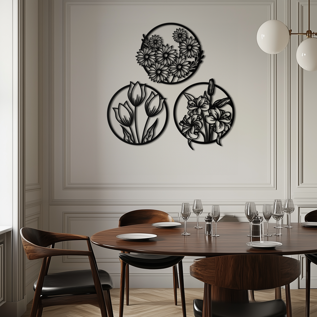 Floral Harmony Metal Wall Art - Set of Three Elegant Botanical Designs - KAF223