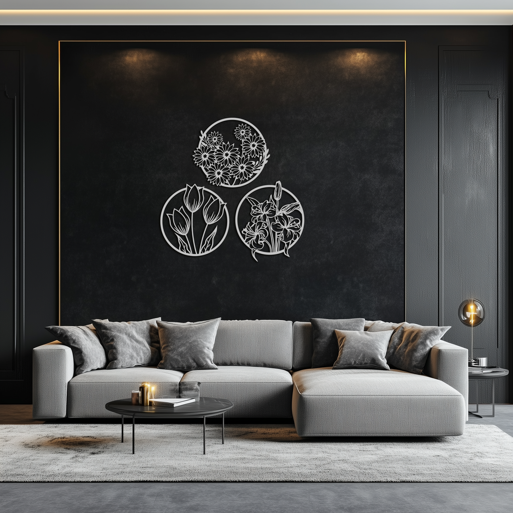 Floral Harmony Metal Wall Art - Set of Three Elegant Botanical Designs - KAF223