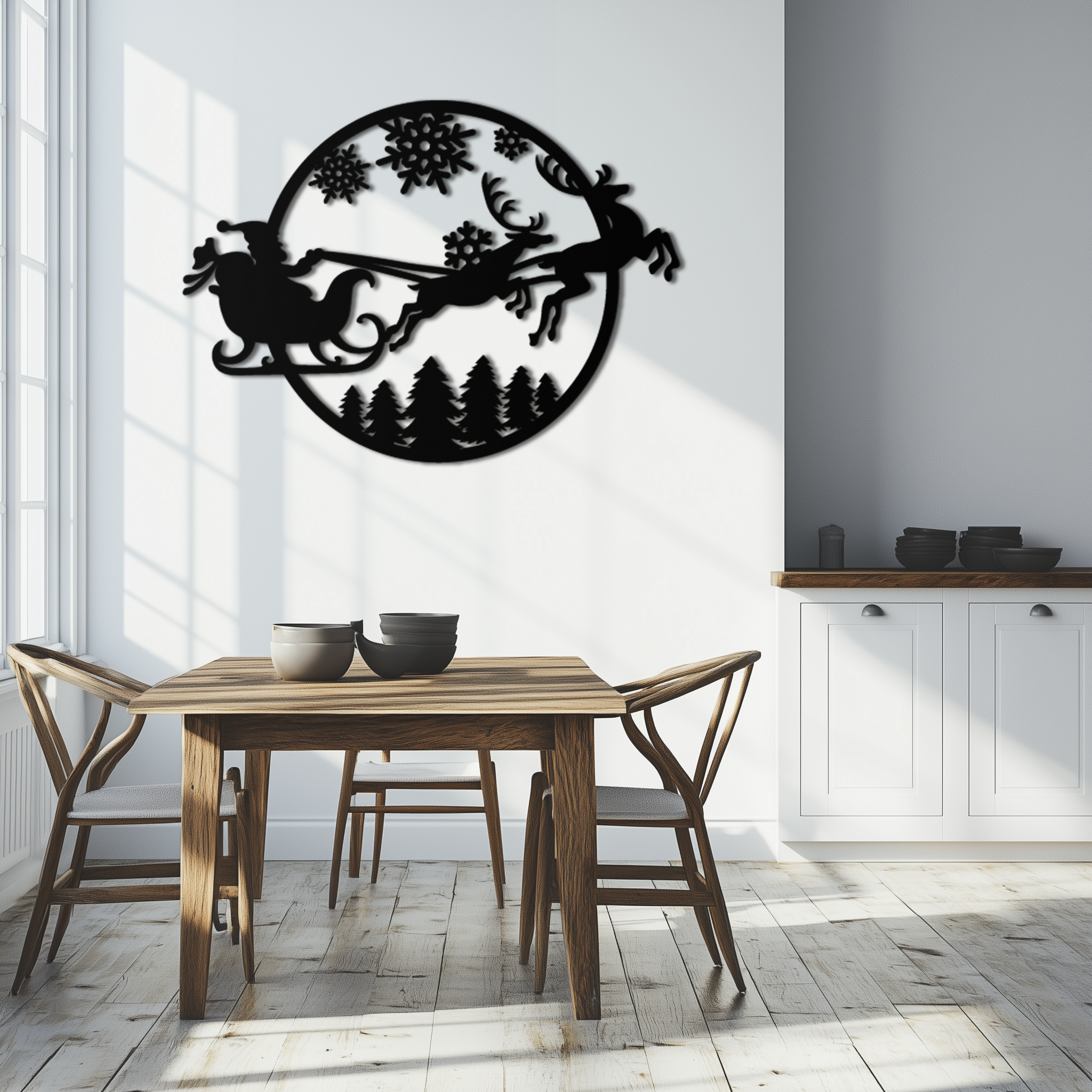 Santa Sleigh Metal Wall Art - Christmas Reindeer & Snowflake Decor- KAF287