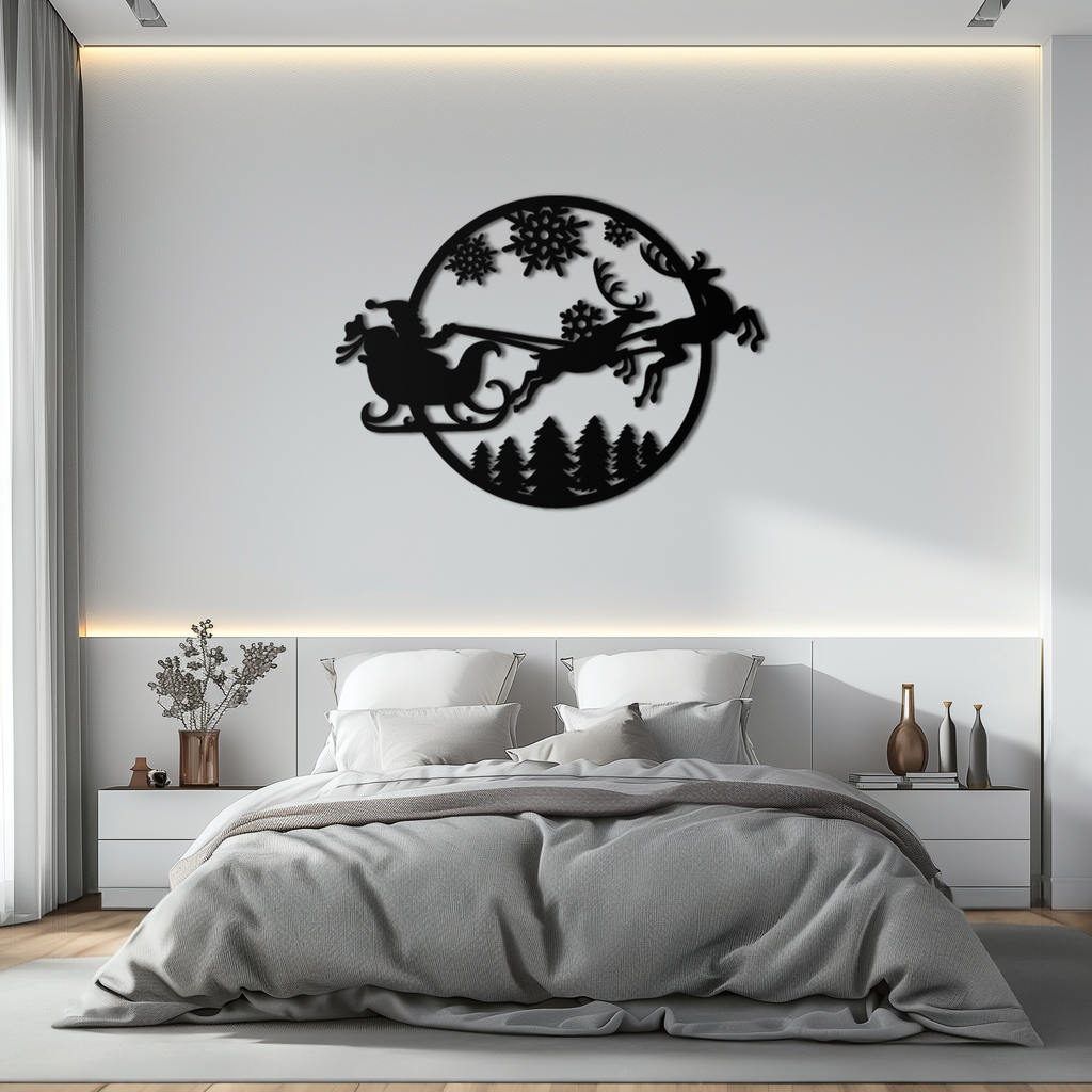 Santa Sleigh Metal Wall Art - Christmas Reindeer & Snowflake Decor- KAF287