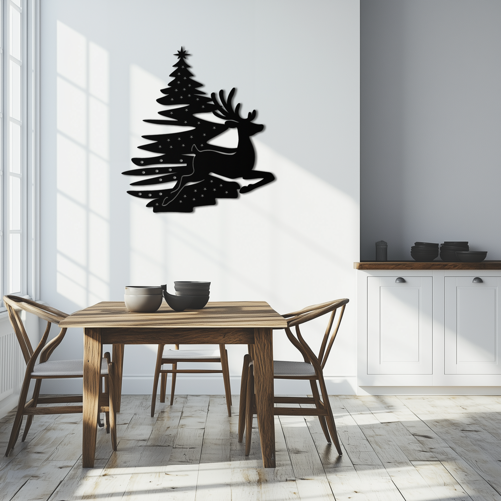 Reindeer and Christmas Tree Metal Wall Art - Festive Holiday Steel Decor- KAF304