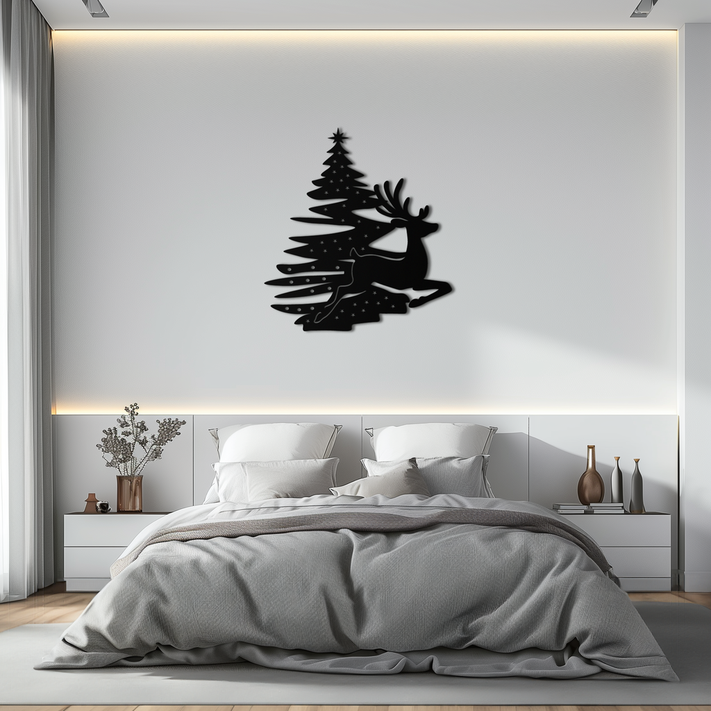 Reindeer and Christmas Tree Metal Wall Art - Festive Holiday Steel Decor- KAF304