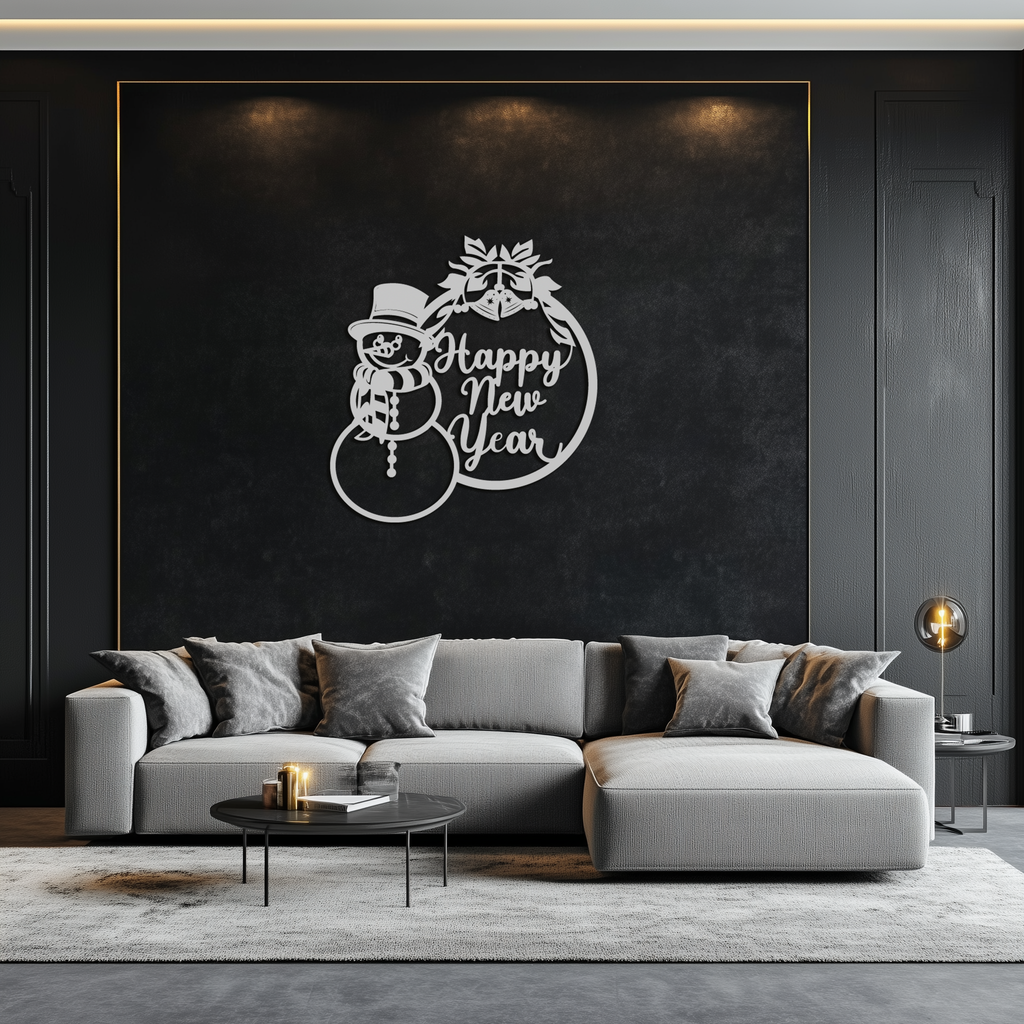 Happy New Year Metal Wall Art - Snowman Holiday Decor for Christmas and Winter- KAF305
