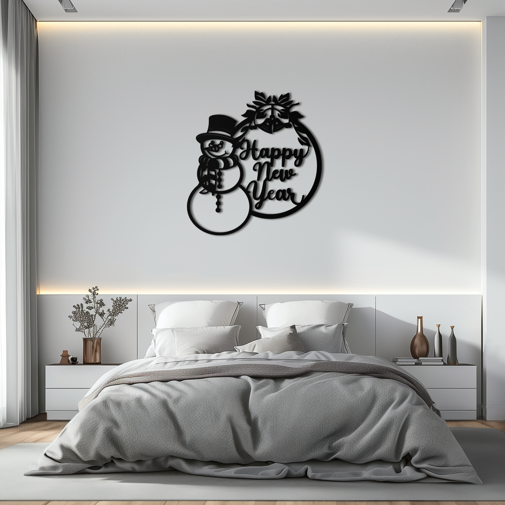 Happy New Year Metal Wall Art - Snowman Holiday Decor for Christmas and Winter- KAF305