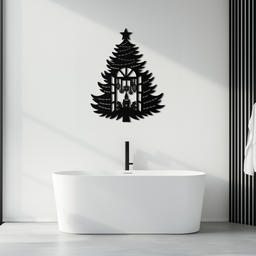 Christmas Tree Candle Window Silhouette - Festive Metal Wall Art- KAF309
