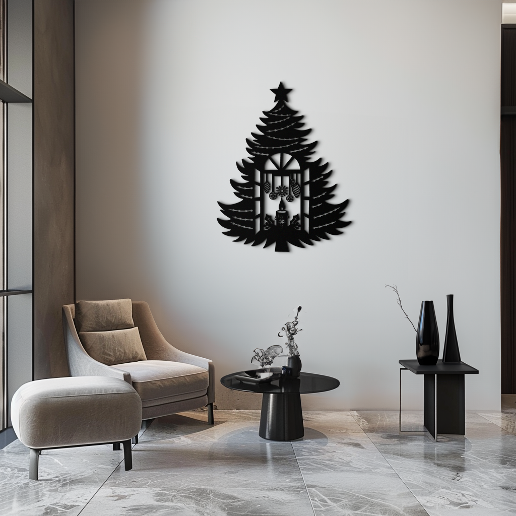 Christmas Tree Candle Window Silhouette - Festive Metal Wall Art- KAF309
