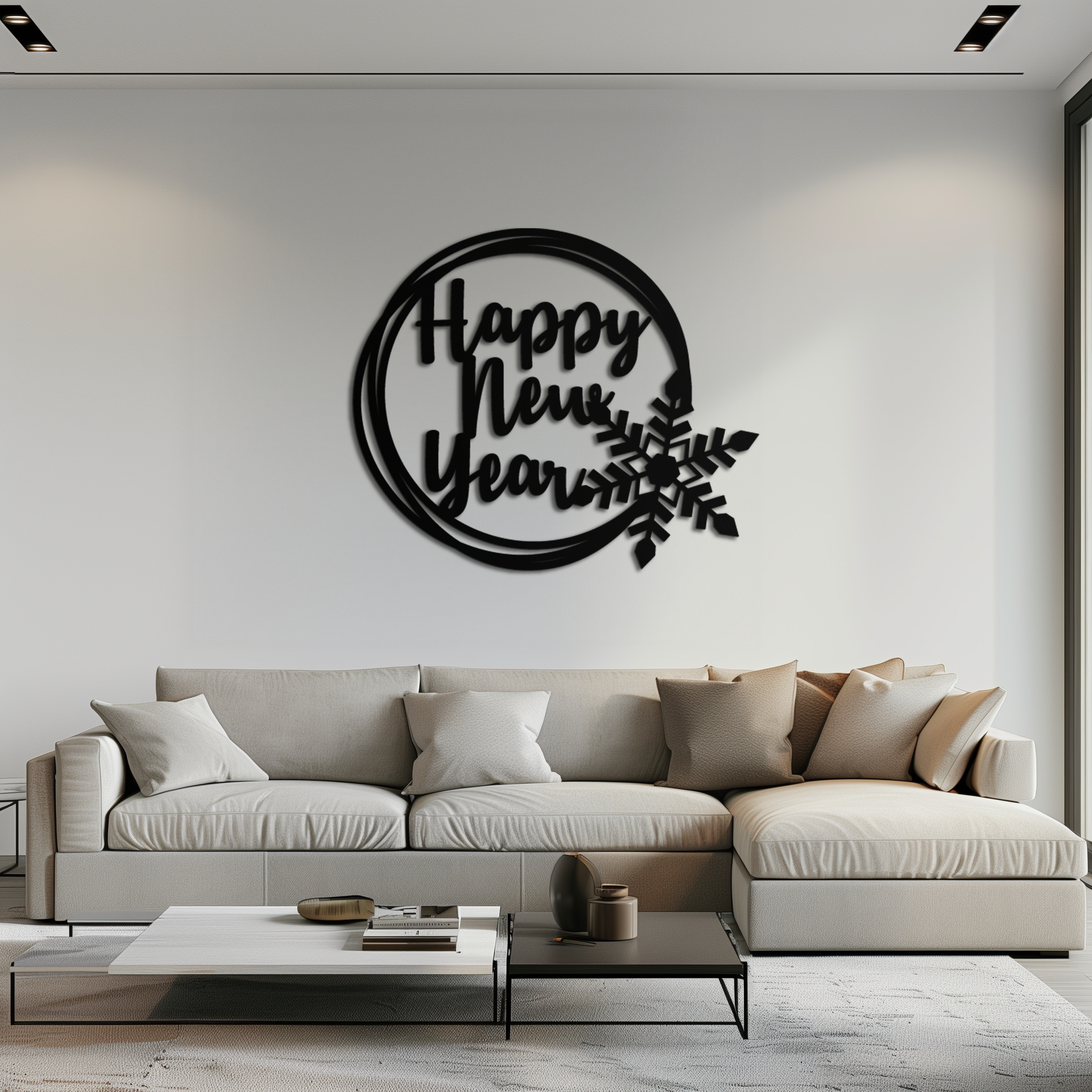Happy New Year Snowflake Metal Wall Art - Holiday Round Steel Christmas Decor- KAF315