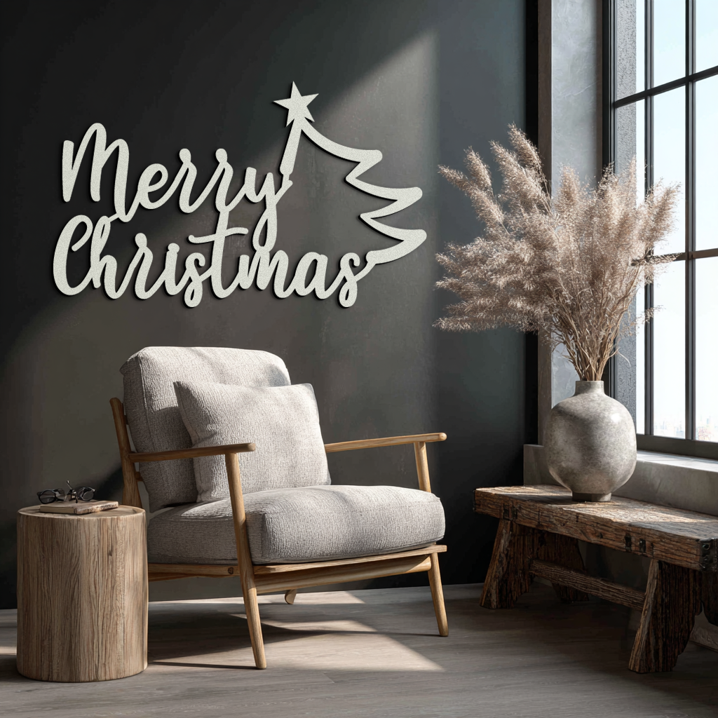 Merry Christmas Tree Metal Wall Art - Holiday Season Script Steel Decor- KAF316