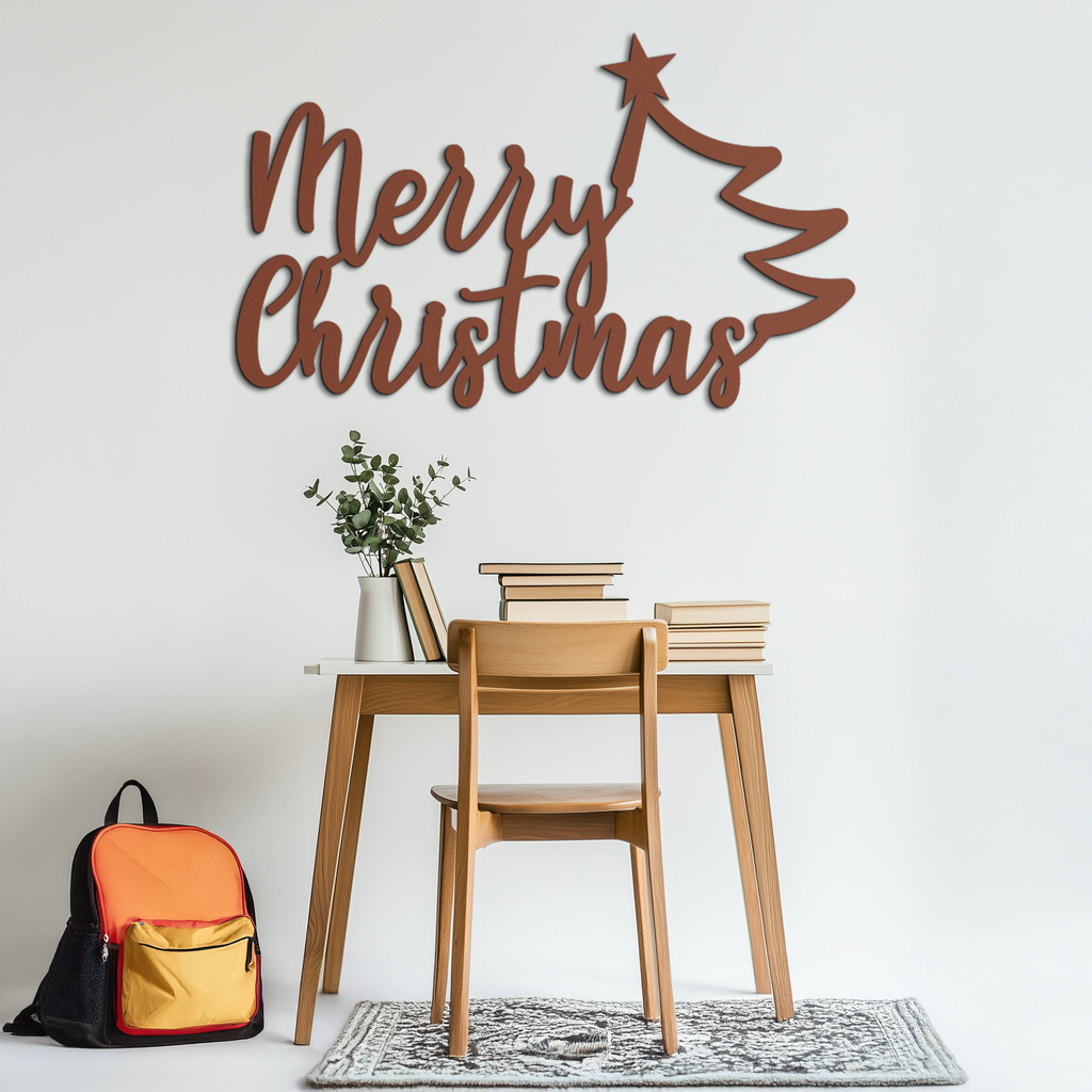 Merry Christmas Tree Metal Wall Art - Holiday Season Script Steel Decor- KAF316