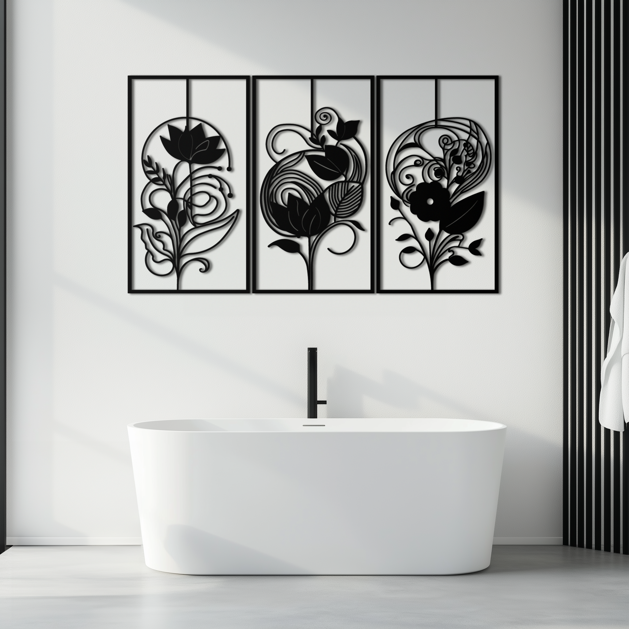 Floral Panel Trio Metal Wall Art - Elegant Black Botanical Wall Decor Set- KAF317
