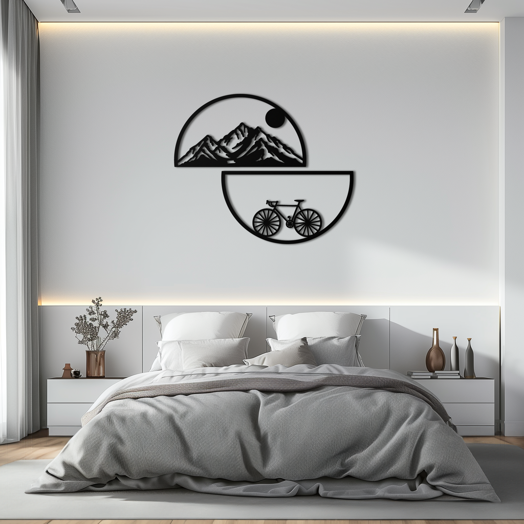 Mountain View Metal Wall Art - Half Circle Bicycle and Landscape Silhouette Decor- KAF321