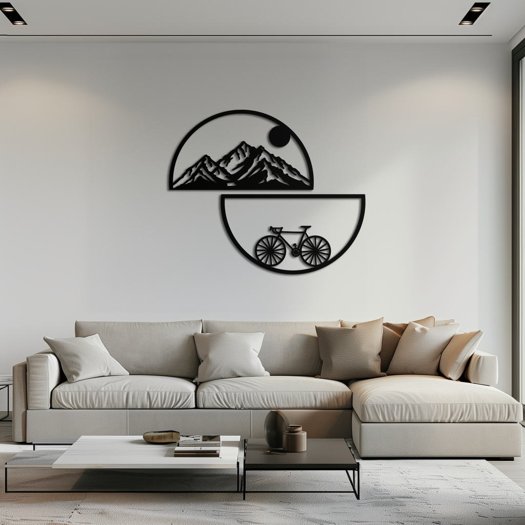 Mountain View Metal Wall Art - Half Circle Bicycle and Landscape Silhouette Decor- KAF321