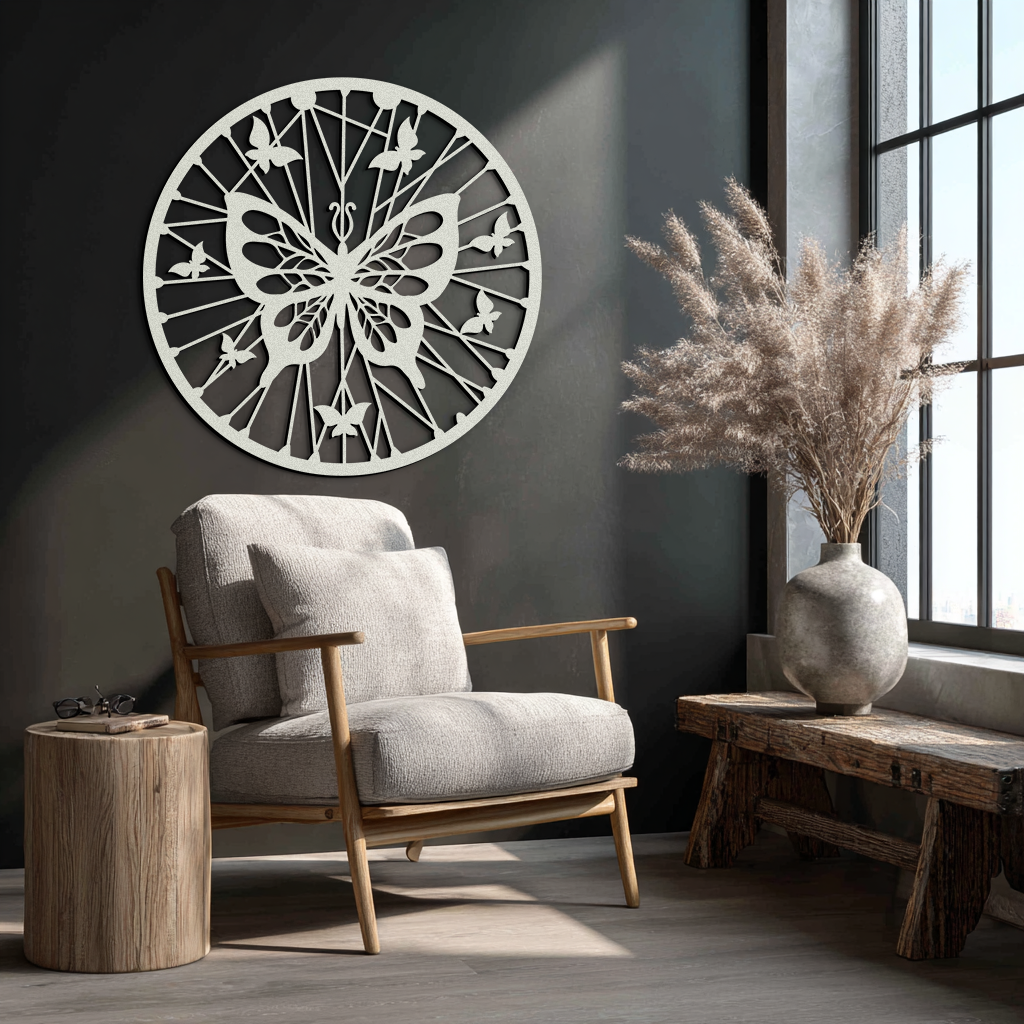 Butterfly Mandala Round Metal Wall Art - Elegant Circle Butterfly Silhouette for Home Decor- KAF322
