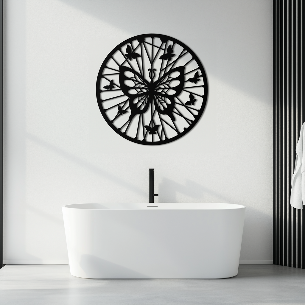Butterfly Mandala Round Metal Wall Art - Elegant Circle Butterfly Silhouette for Home Decor- KAF322
