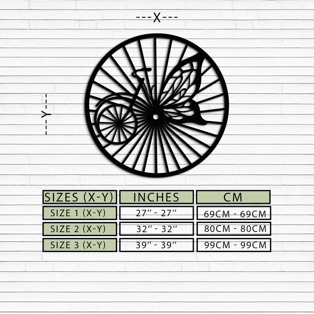 Butterfly Wheel Bicycle Silhouette Metal Wall Art - Elegant Round Nature-Inspired Decor- KAF323
