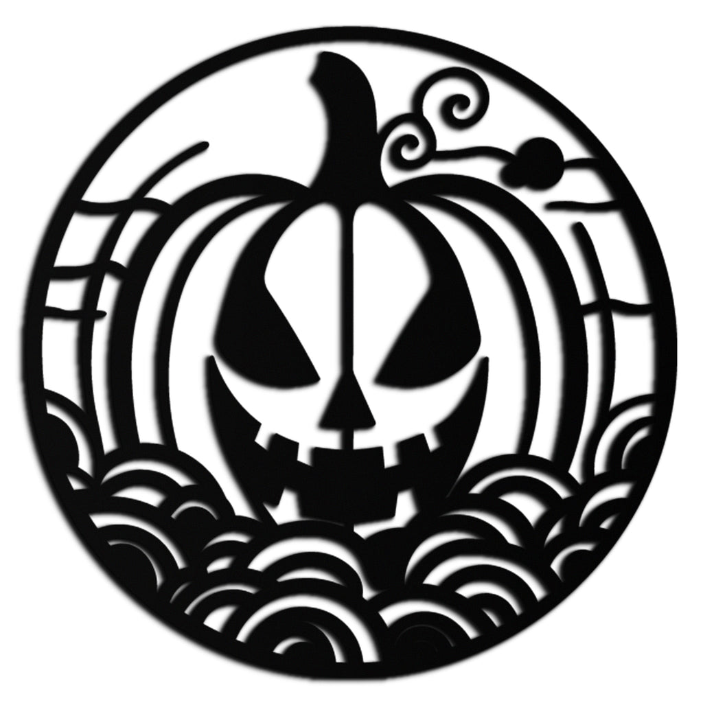 Pumpkin Halloween Silhouette Metal Wall Art – Spooky Round Black Decor- KAF327